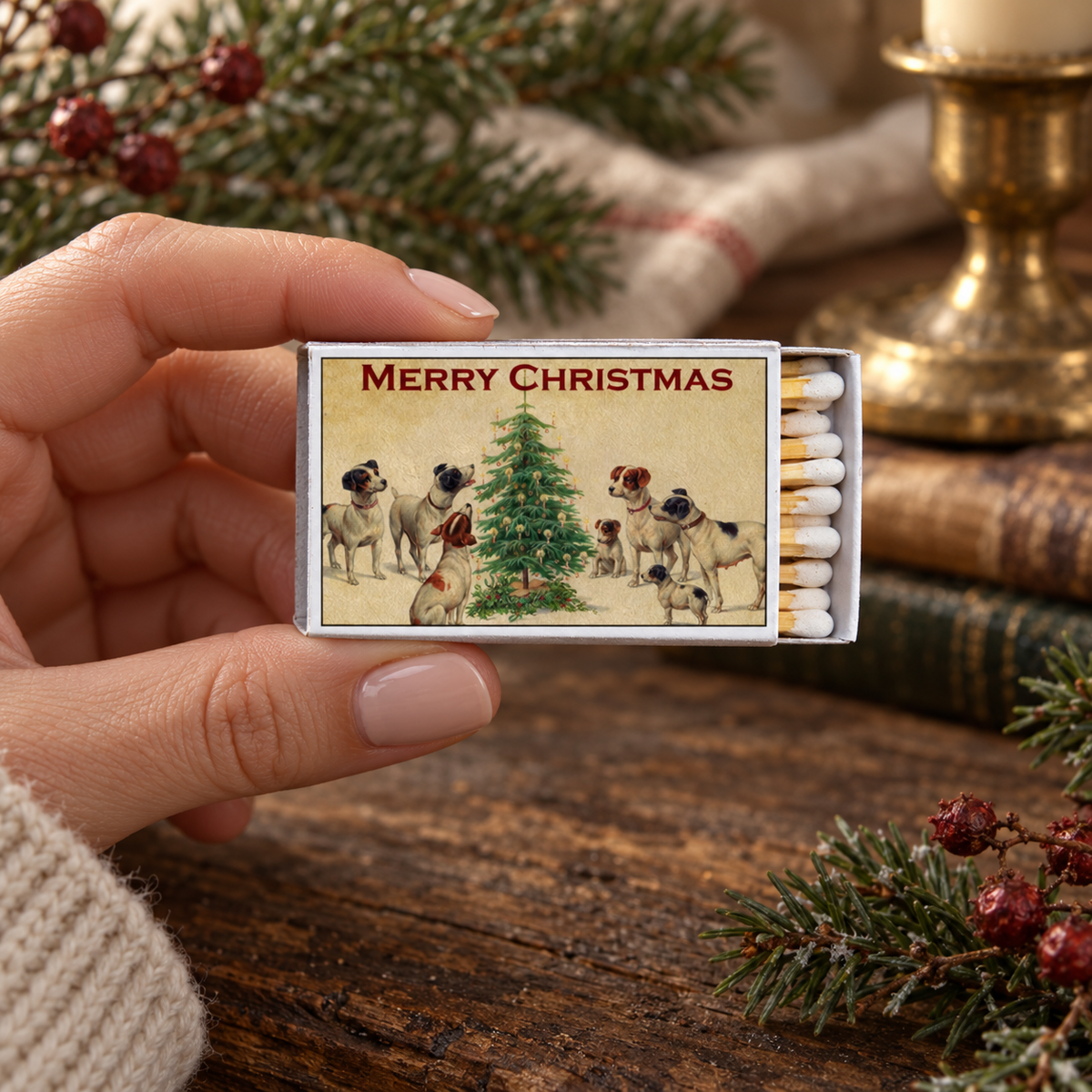 Christmas Dogs Matchbox – Vintage Holiday Matches, Dog Lover Stocking Stuffer