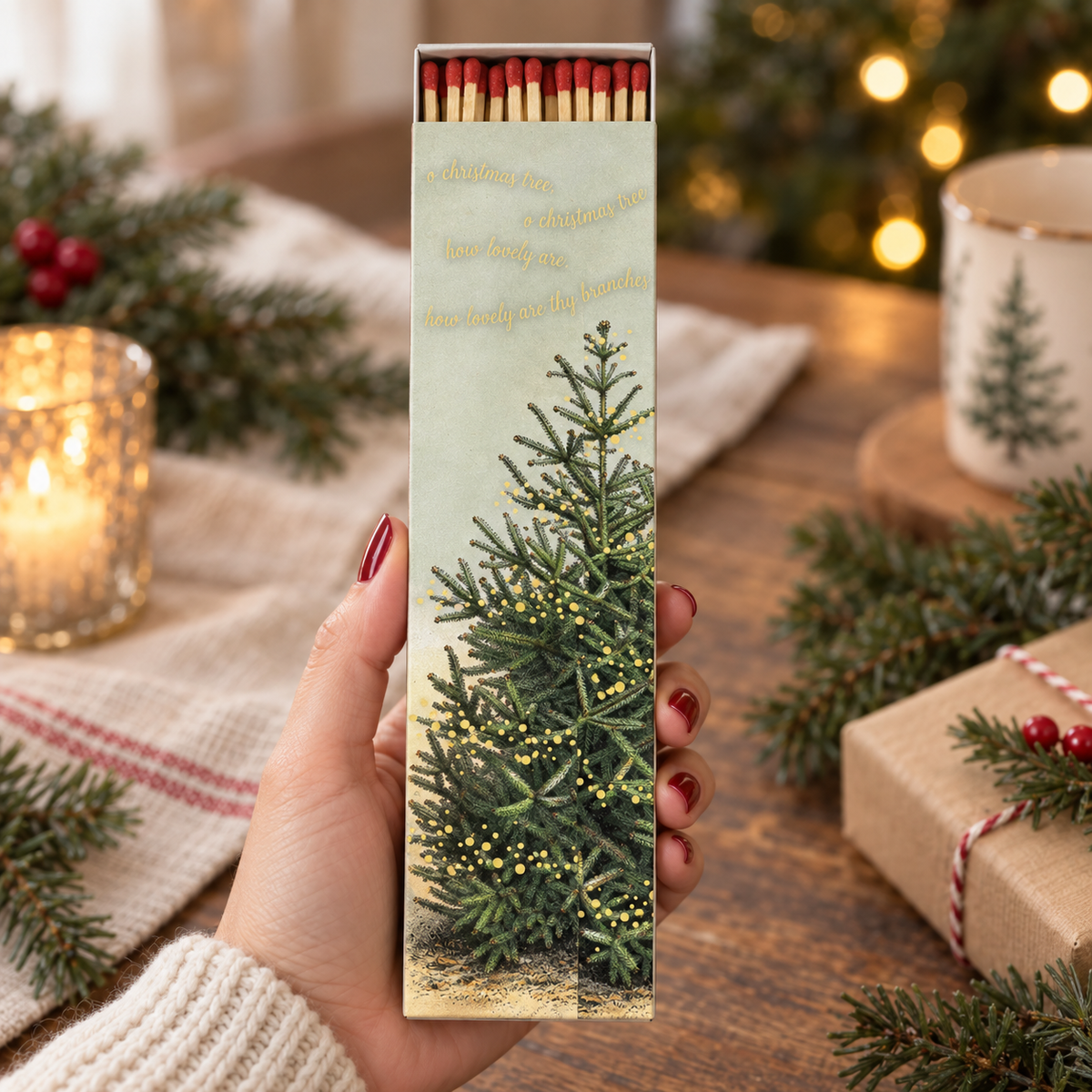 Oh, Christmas Tree Matchbox – Gold Foil Green Extra-Long Candle Matches