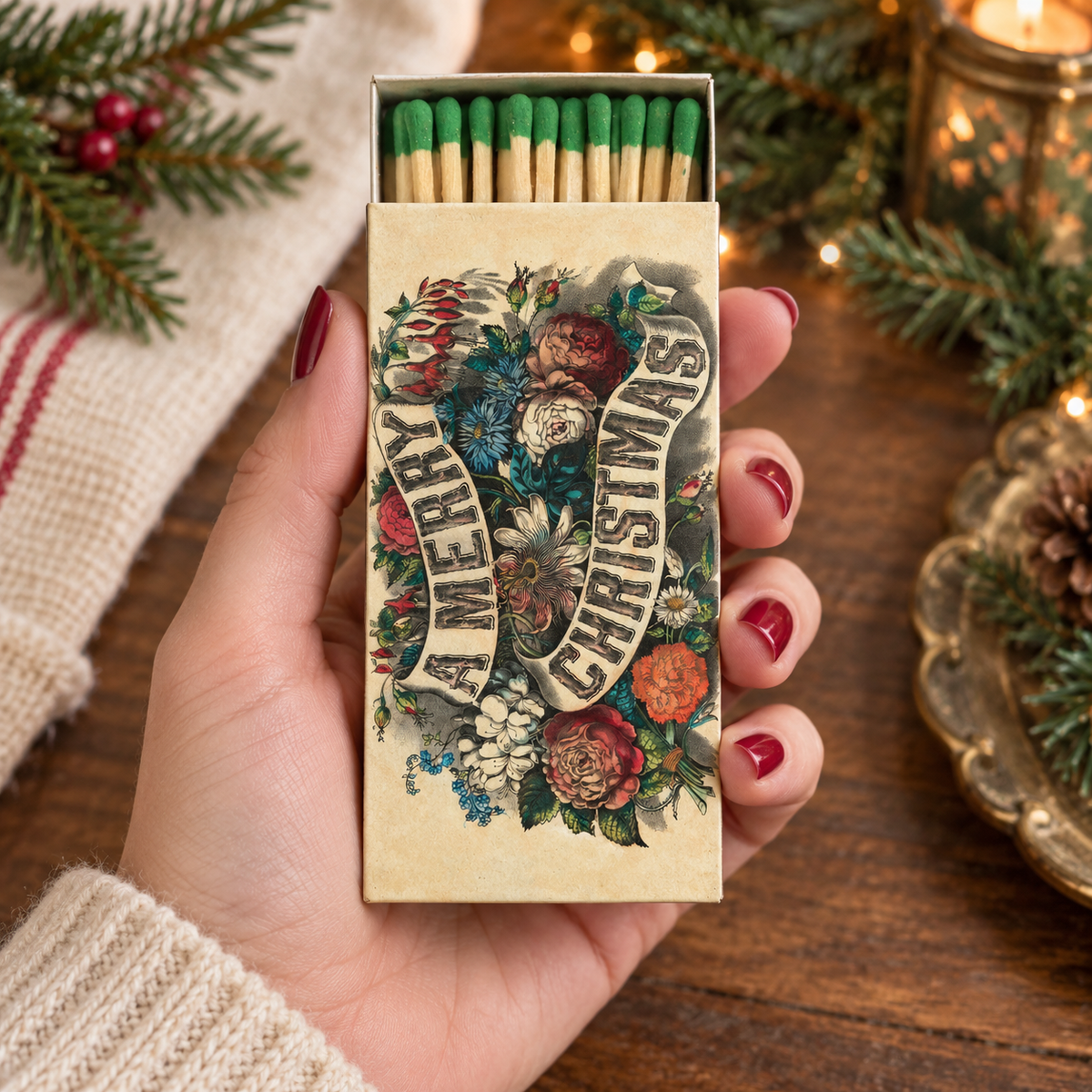 Holiday Tree & “A Merry Christmas” Green Matchbox – 50 Safety Matches