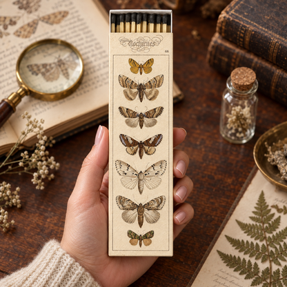 Moth Matchbox – Extra-Long Candle Matches, Cottagecore Insect Décor, Nature Lover Gift, 8.5 × 2.5 Inches