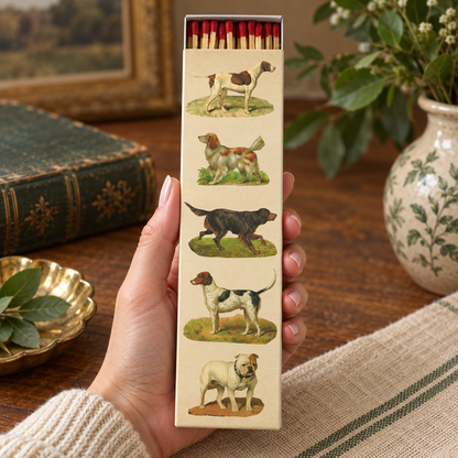 Dog Collage Matchbox – Extra-Long Candle Matches, Vintage Canine Décor, Dog Lover Gift, 8.5 × 2.5 Inches