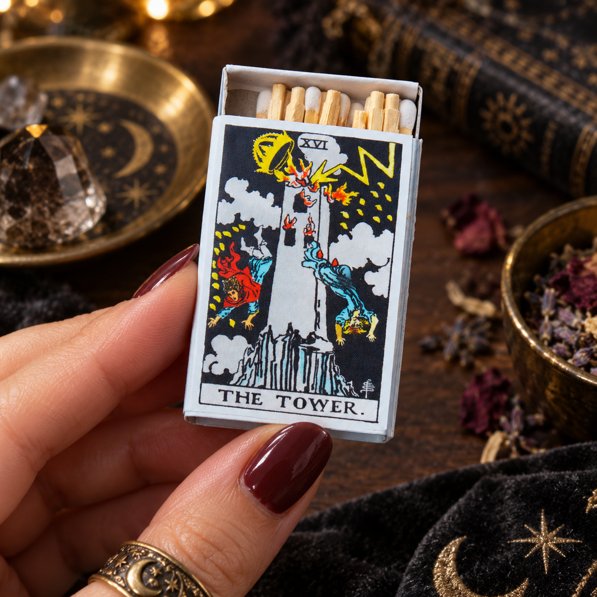 The Tower Tarot Matchbox – Major Arcana Matches, Mystical Candle Accessory, Witchy Gift