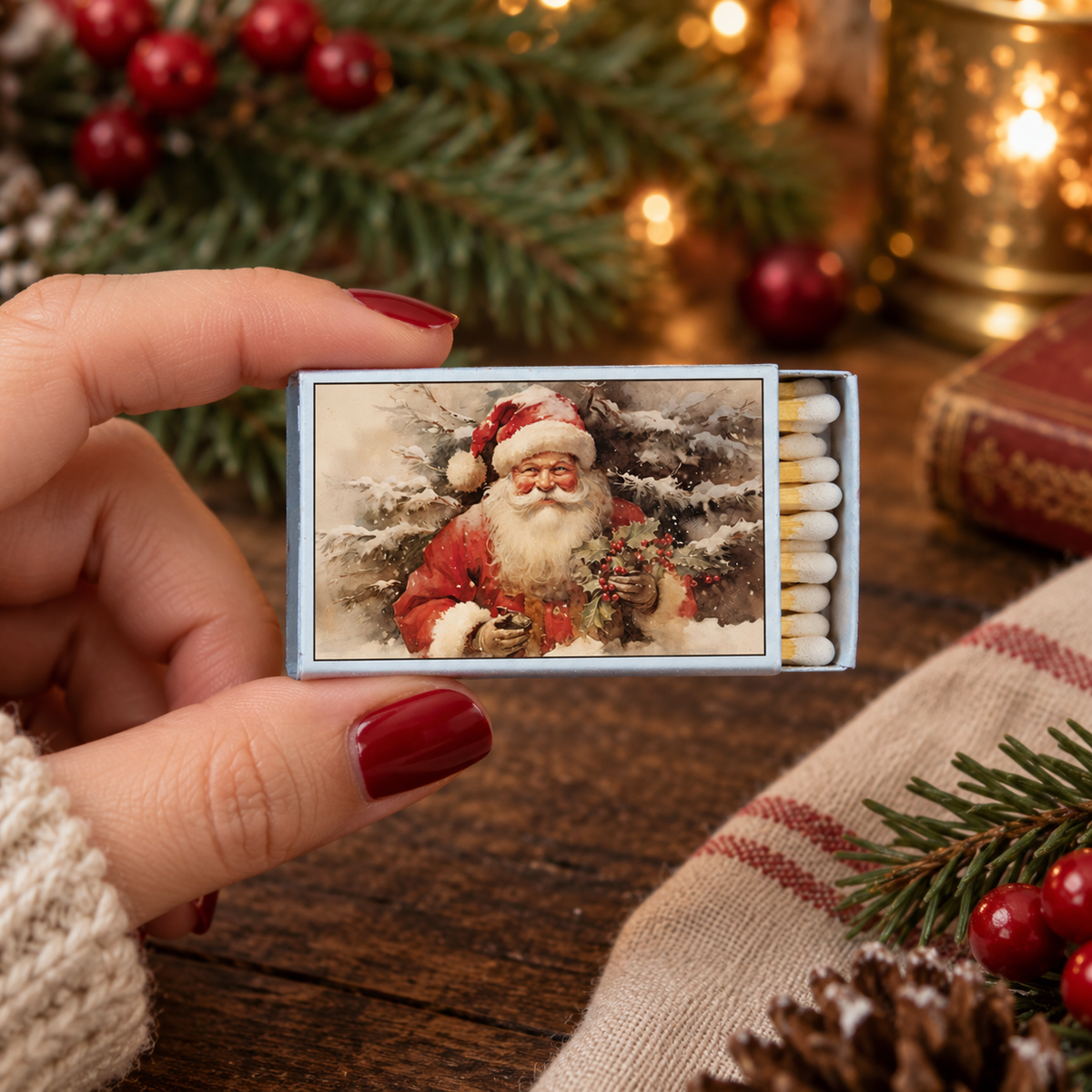 Vintage Santa Matchbox – Retro Christmas Matches, Holiday Candle Accessory, Stocking Stuffer
