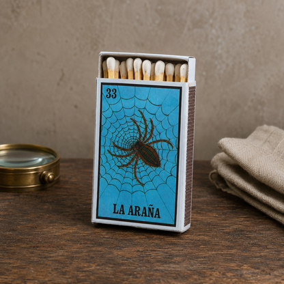 La Araña Lotería Matchbox – Mexican Bingo Matches, Spider Design, Colorful Candle Accessory