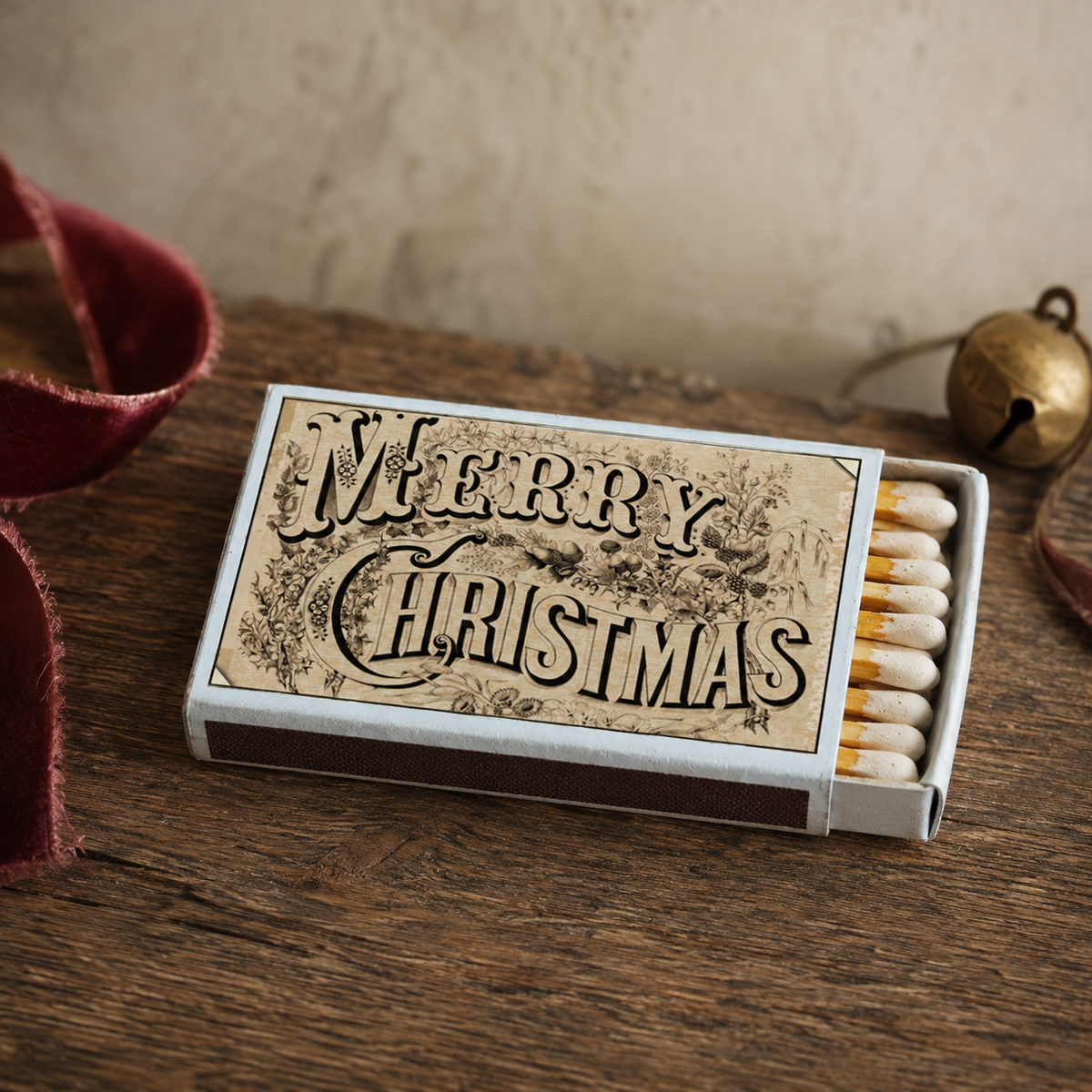 Merry Christmas Matchbox – Vintage Holiday Matches, Rustic Candle Décor, Stocking Stuffer