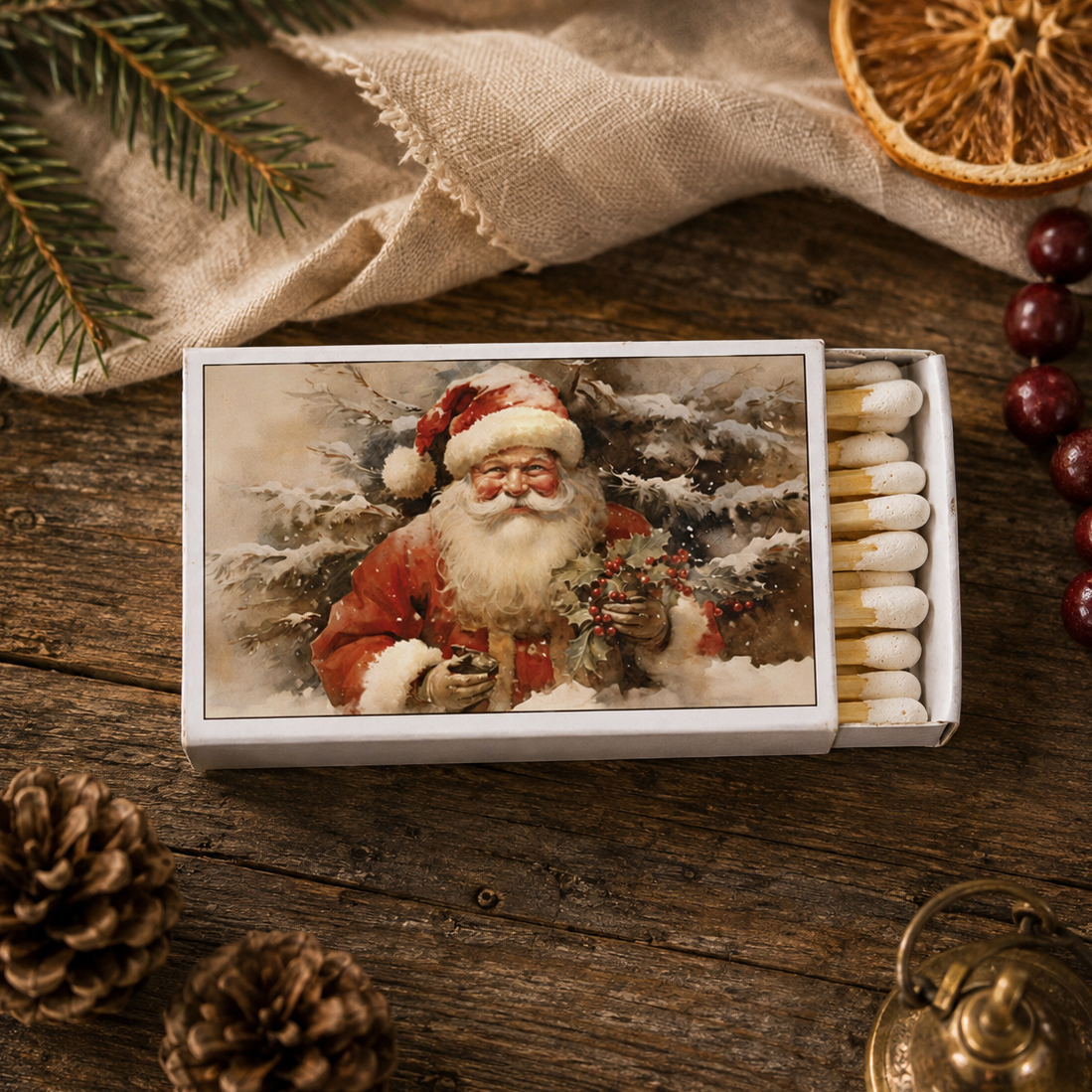 Vintage Santa Matchbox – Retro Christmas Matches, Holiday Candle Accessory, Stocking Stuffer