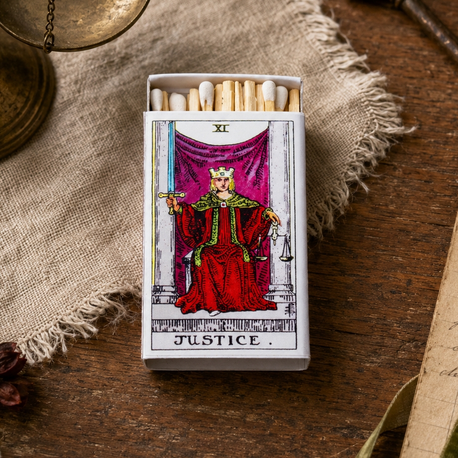 Justice Tarot Matchbox – Major Arcana Matches, Mystical Candle Accessory, Tarot Reader Gift