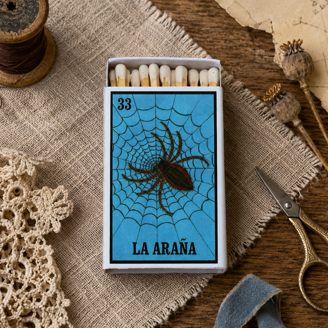 La Araña Lotería Matchbox – Mexican Bingo Matches, Spider Design, Colorful Candle Accessory