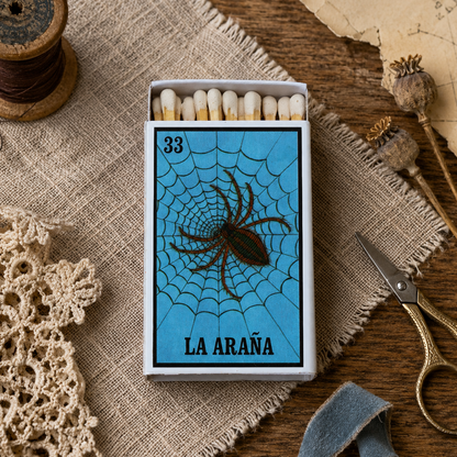 La Araña Lotería Matchbox – Mexican Bingo Matches, Spider Design, Colorful Candle Accessory