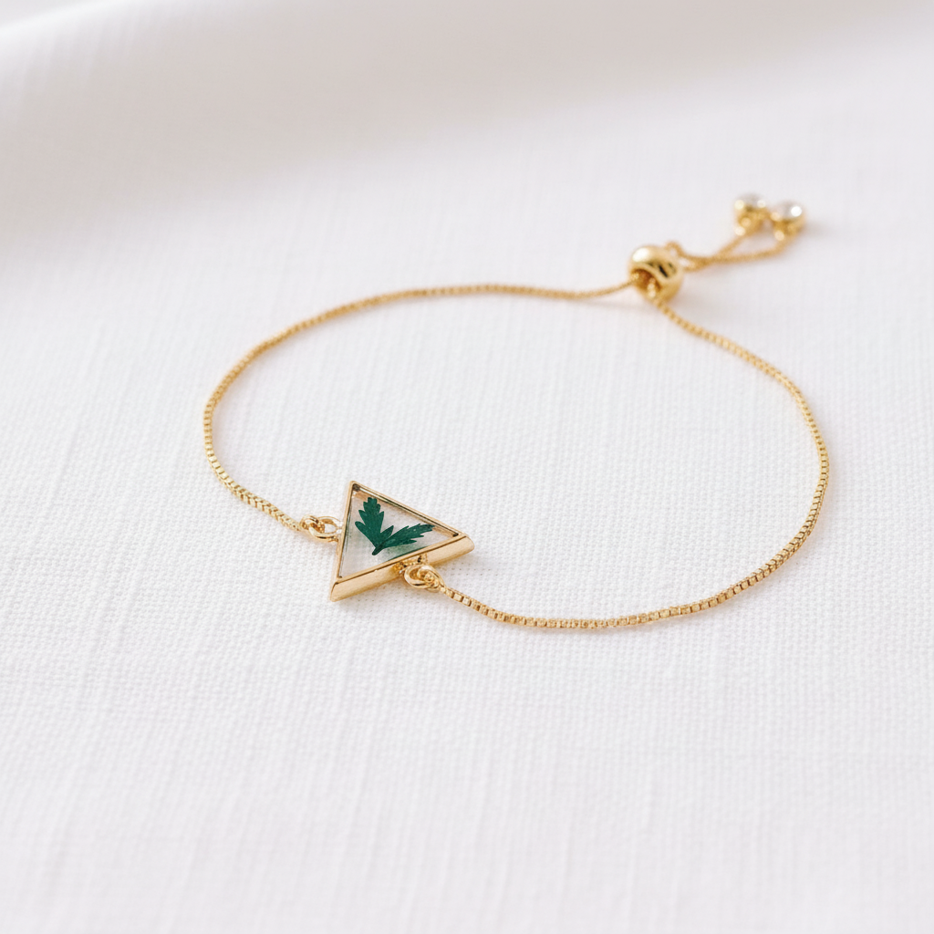 Geometric Botanical Leaf Slider Bracelet, Preserved Dried Flower Jewelry, Adjustable Nature Inspired Bracelet