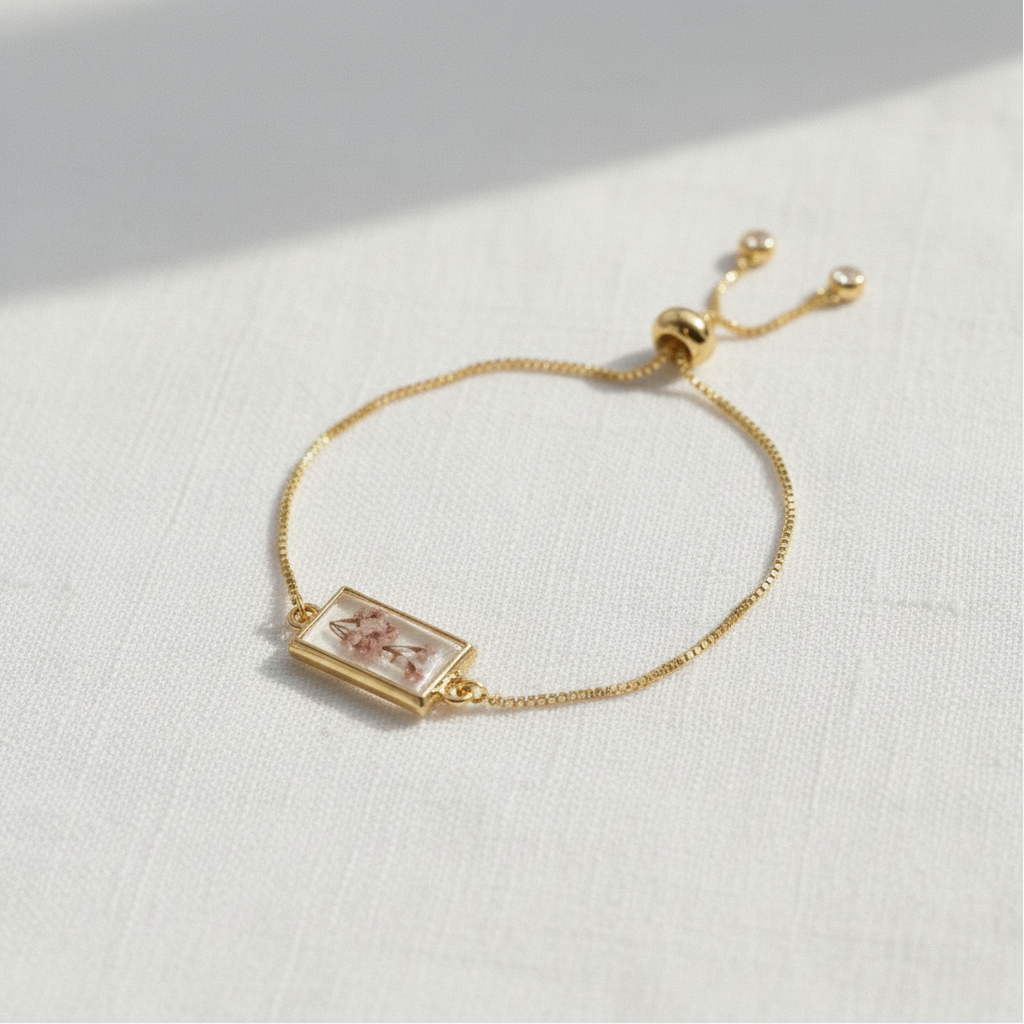 Pink Dried Flower Slider Bracelet, Geometric Botanical Jewelry, Preserved Floral Adjustable Bracelet