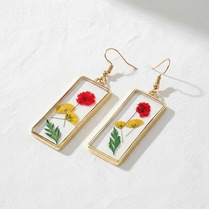 Clear Encased Botanical Geometric Drop Earrings, Real Dried Flower Resin Jewelry, Nature Inspired Gift for Her