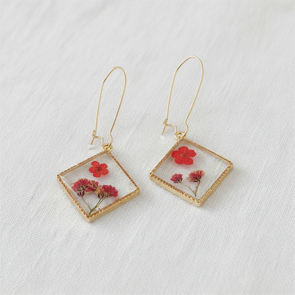Square Dried Flower Earrings, Colorful Preserved Flower Drops, Botanical Resin Jewelry for Women