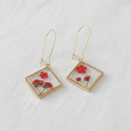Square Dried Flower Earrings, Colorful Preserved Flower Drops, Botanical Resin Jewelry for Women