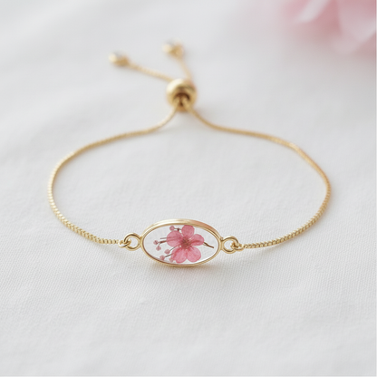 Pink Dried Flower Slider Bracelet, Geometric Botanical Jewelry, Preserved Floral Adjustable Bracelet