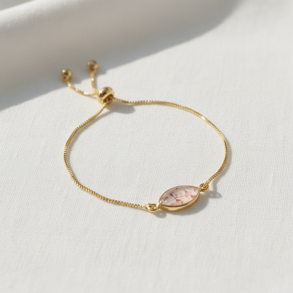 Pink Dried Flower Slider Bracelet, Geometric Botanical Jewelry, Preserved Floral Adjustable Bracelet