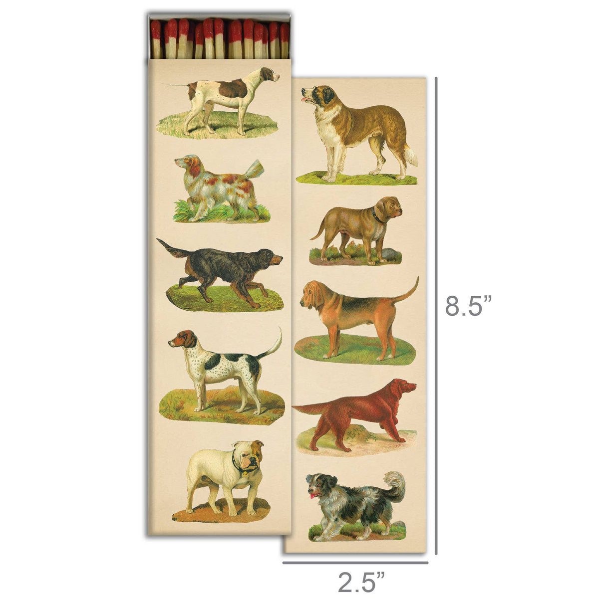 Dog Collage Matchbox – Extra-Long Candle Matches, Vintage Canine Décor, Dog Lover Gift, 8.5 × 2.5 Inches