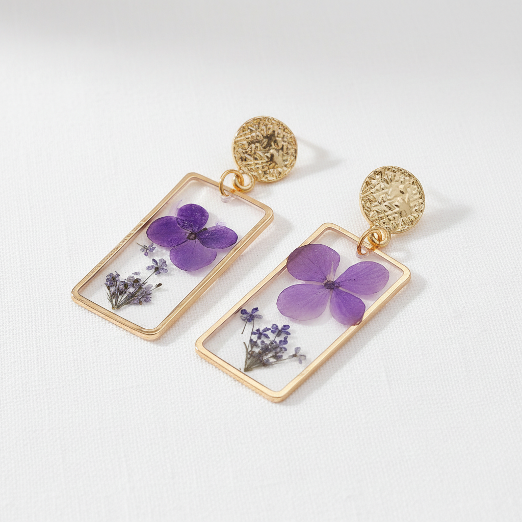 Real Dried Leaf and Flower Earrings, Rectangle Botanical Dangles, Gift for Plant Lovers