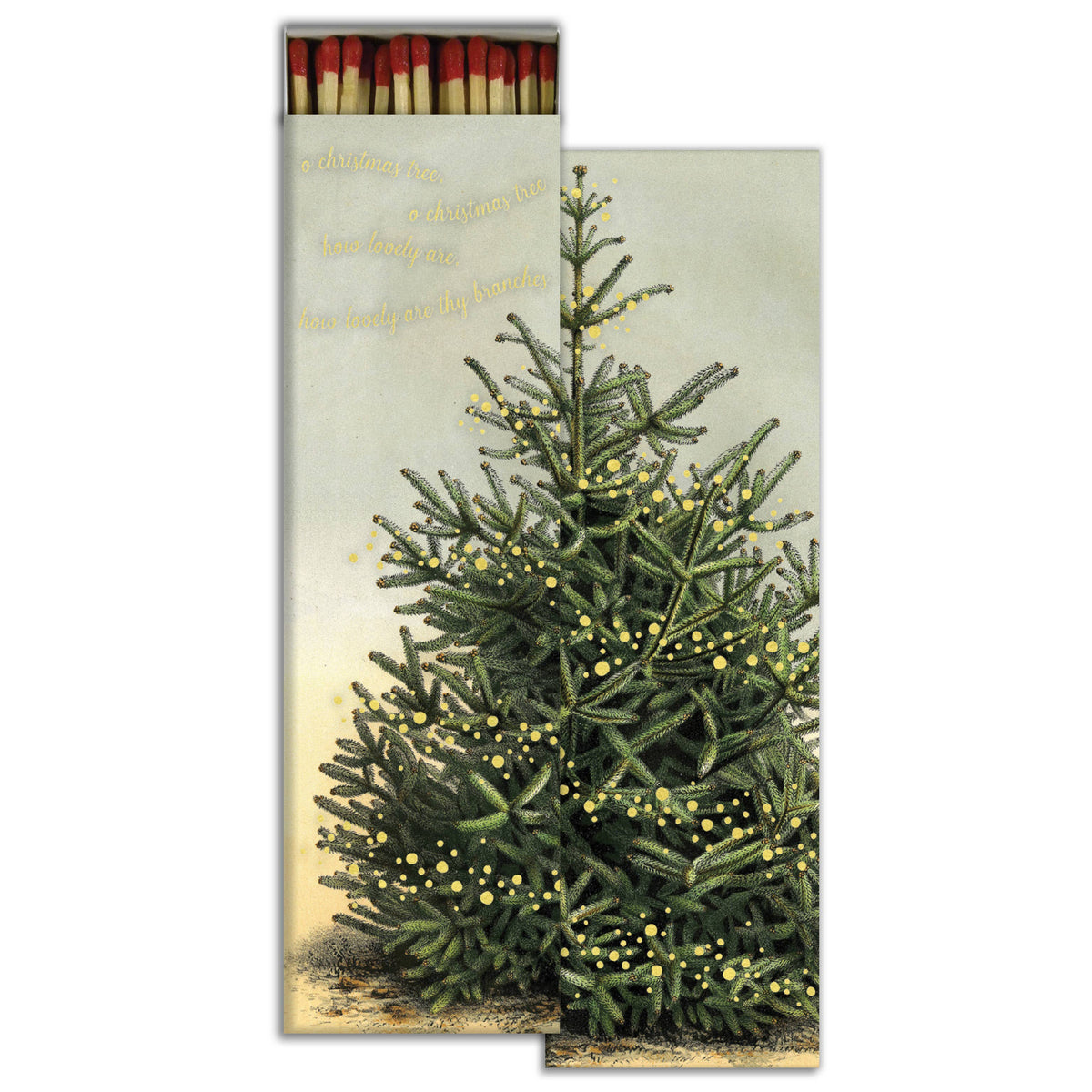 Oh, Christmas Tree Matchbox – Gold Foil Green Extra-Long Candle Matches